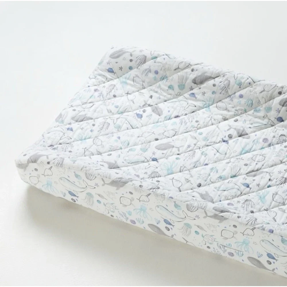 Crate & Barrel Quilted Changing Pad Cover Organic Cotton Sea Print Set Of 2